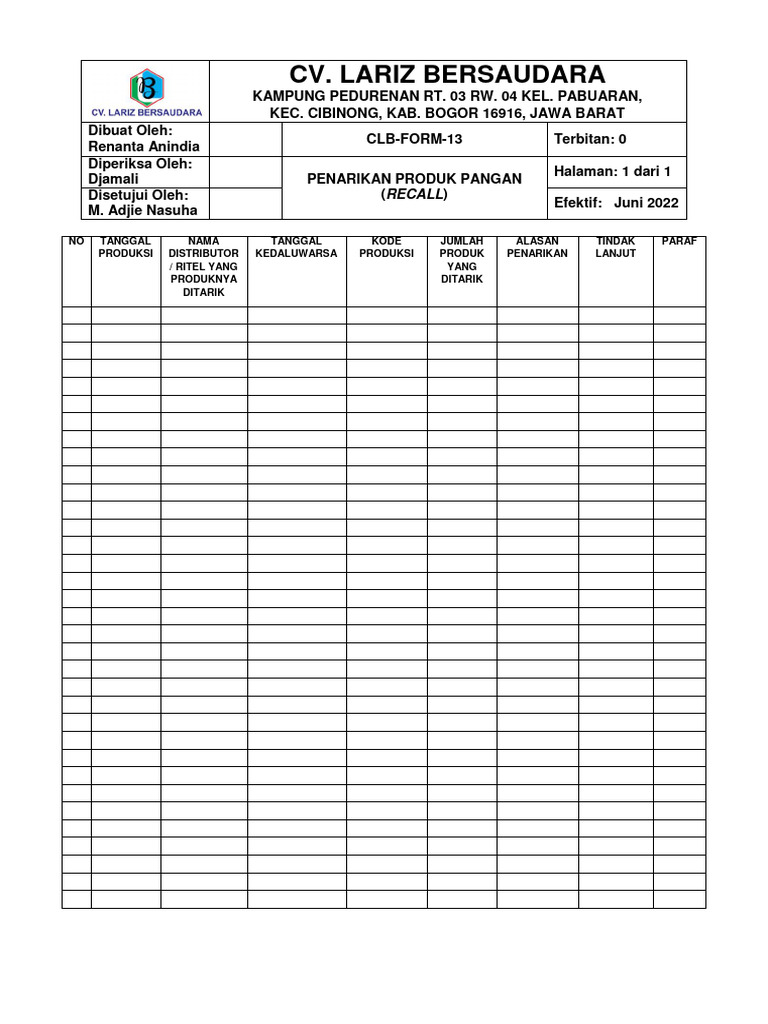 CLB-Form-13-Formulir Penarikan Produk Pangan (Recall) | PDF