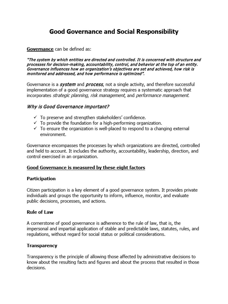 Good Governance and Social Responsibility - Module 1 | PDF | Governance ...