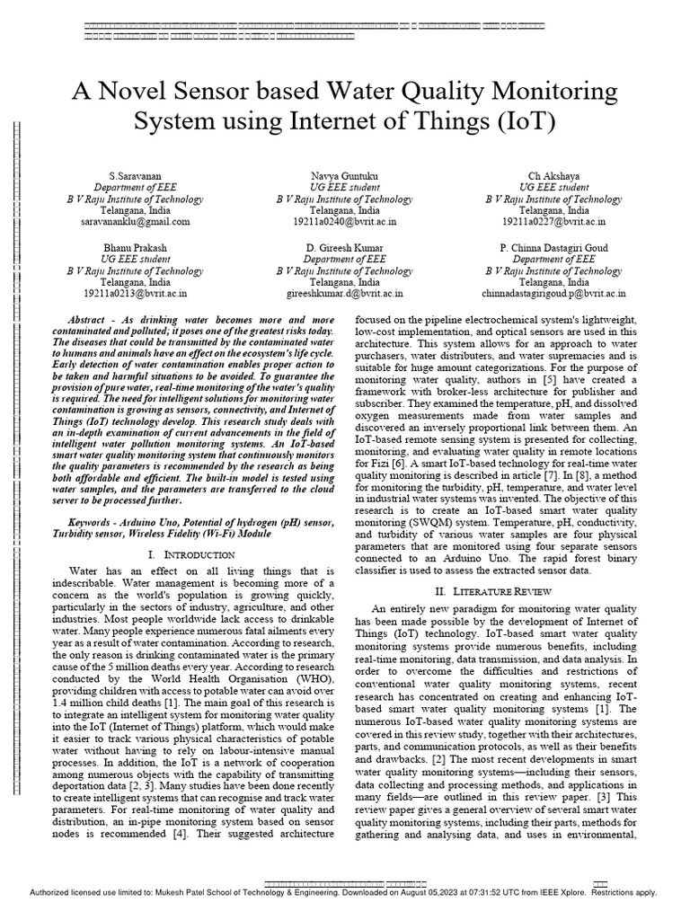 A Novel Sensor Based Water Quality Monitoring System Using Internet of ...