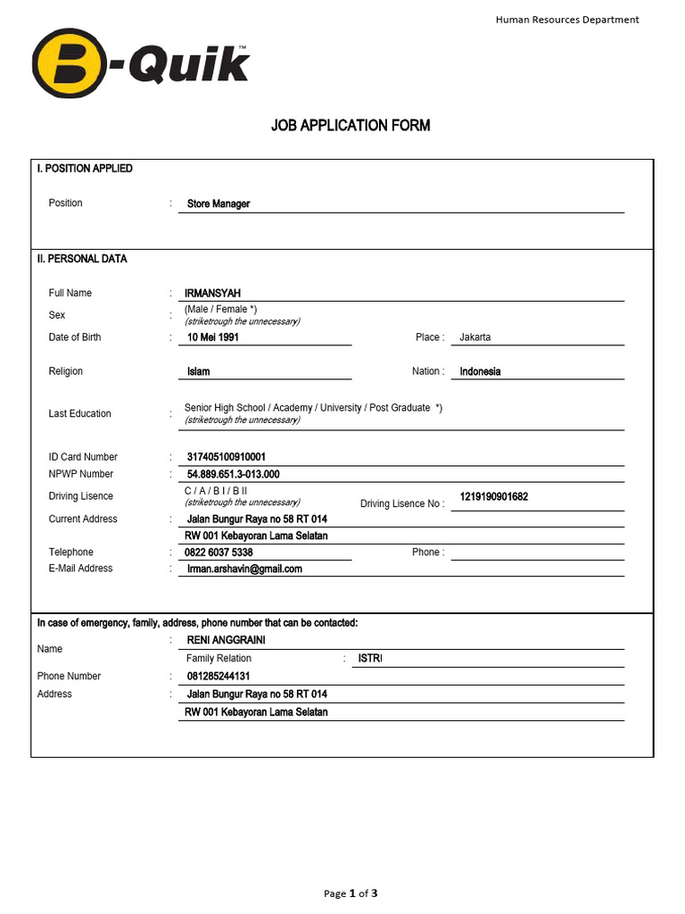 Store Manager Application Form | PDF