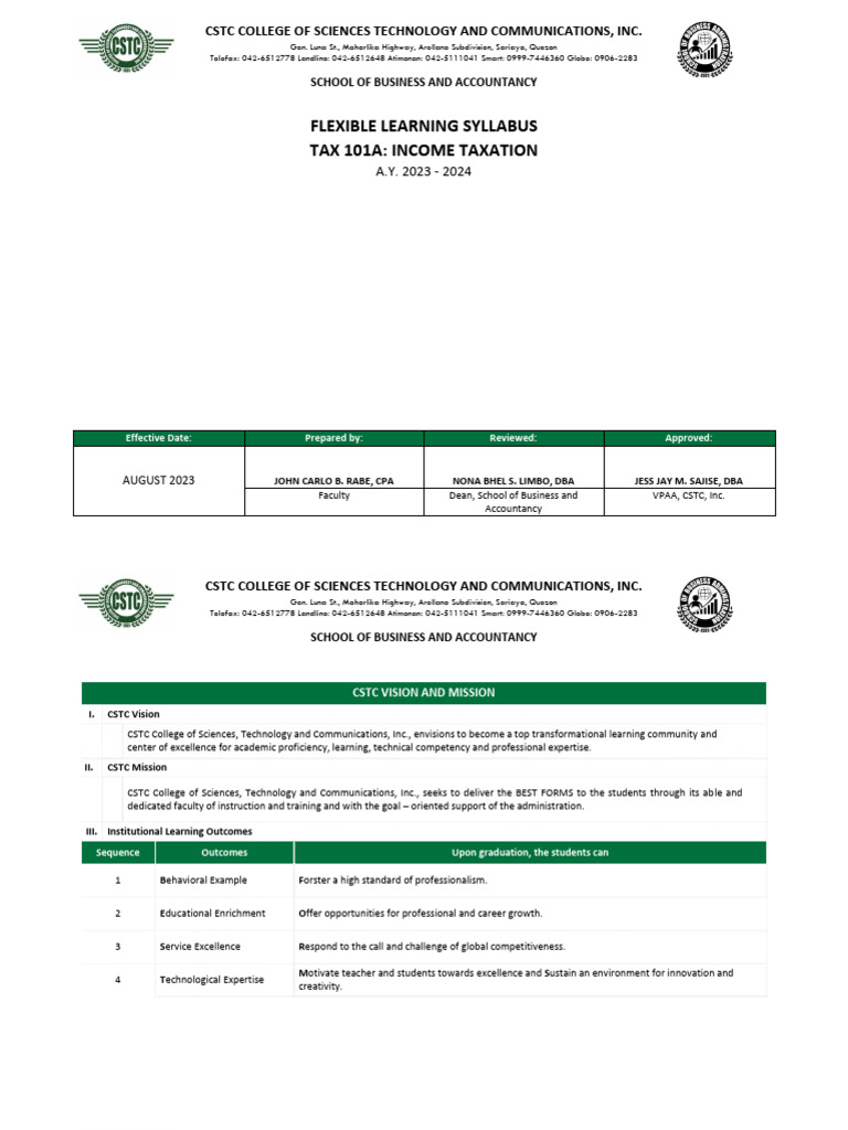 Income Taxation Course Syllabus 2024 | PDF