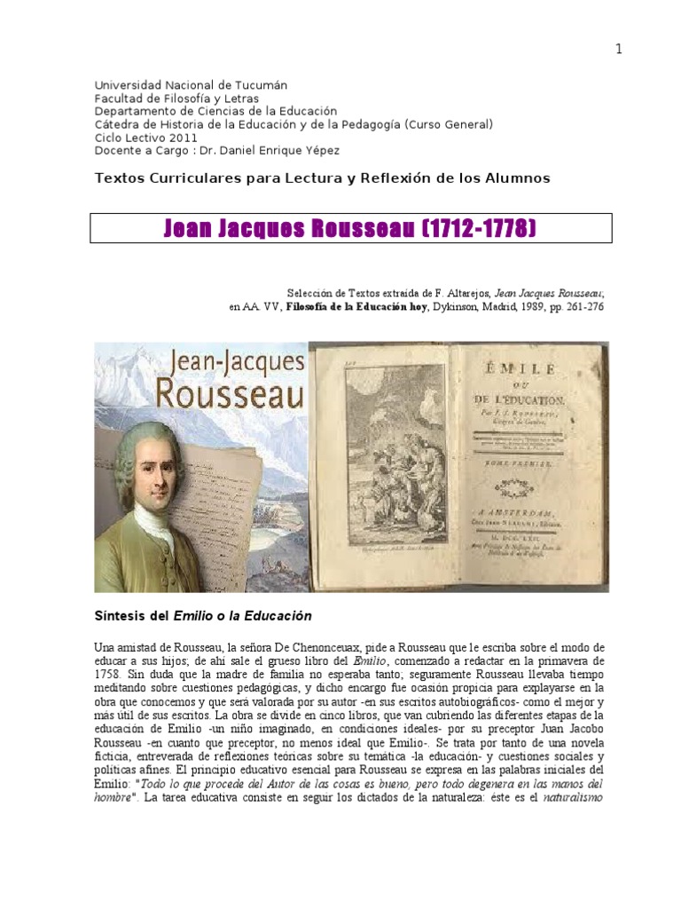 Rousseau y Emilio. Síntesis | PDF | Emile, o sobre educación | Jean ...