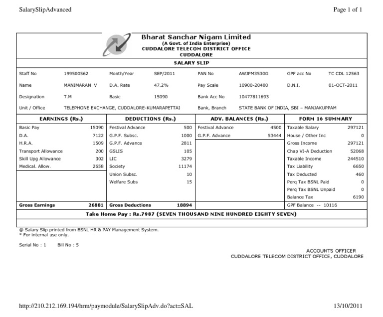 BSNL Salary Slip