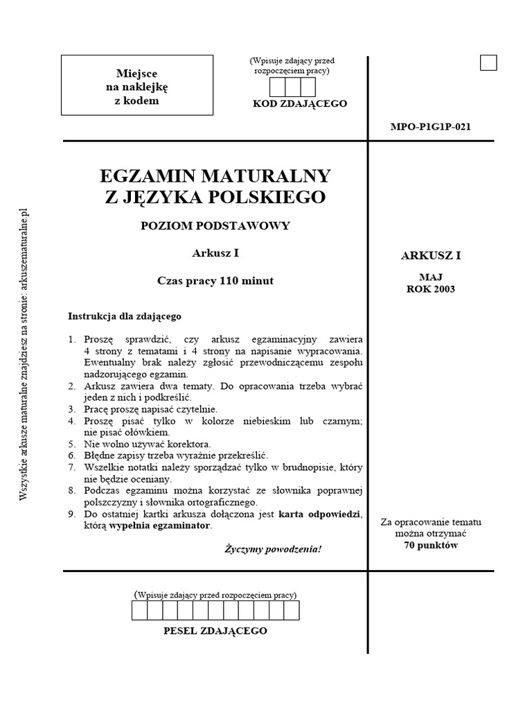 Jezyk Polski 2003 Maj Matura Podstawowa | PDF