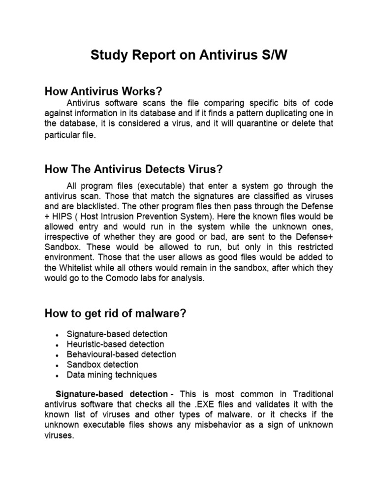 Study Report On Antivirus Pdf Malware Antivirus Software