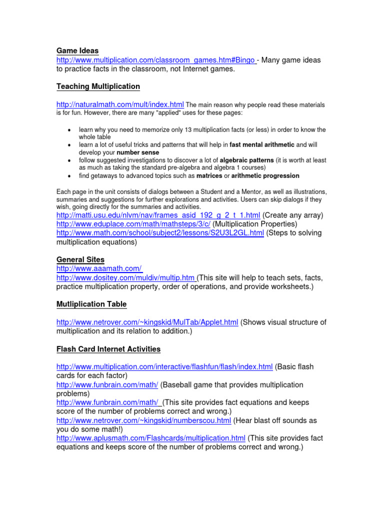 Mutliplication Facts Websites | PDF | Multiplication | Matrix (Mathematics)