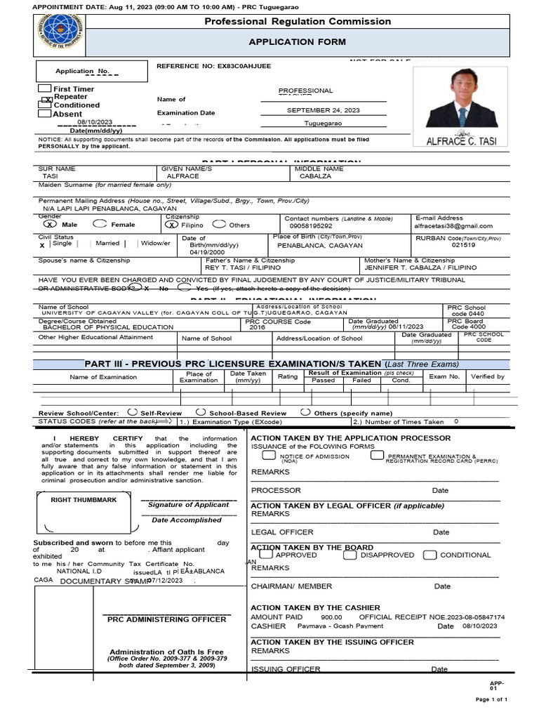 PRC Application Form for Examination | PDF