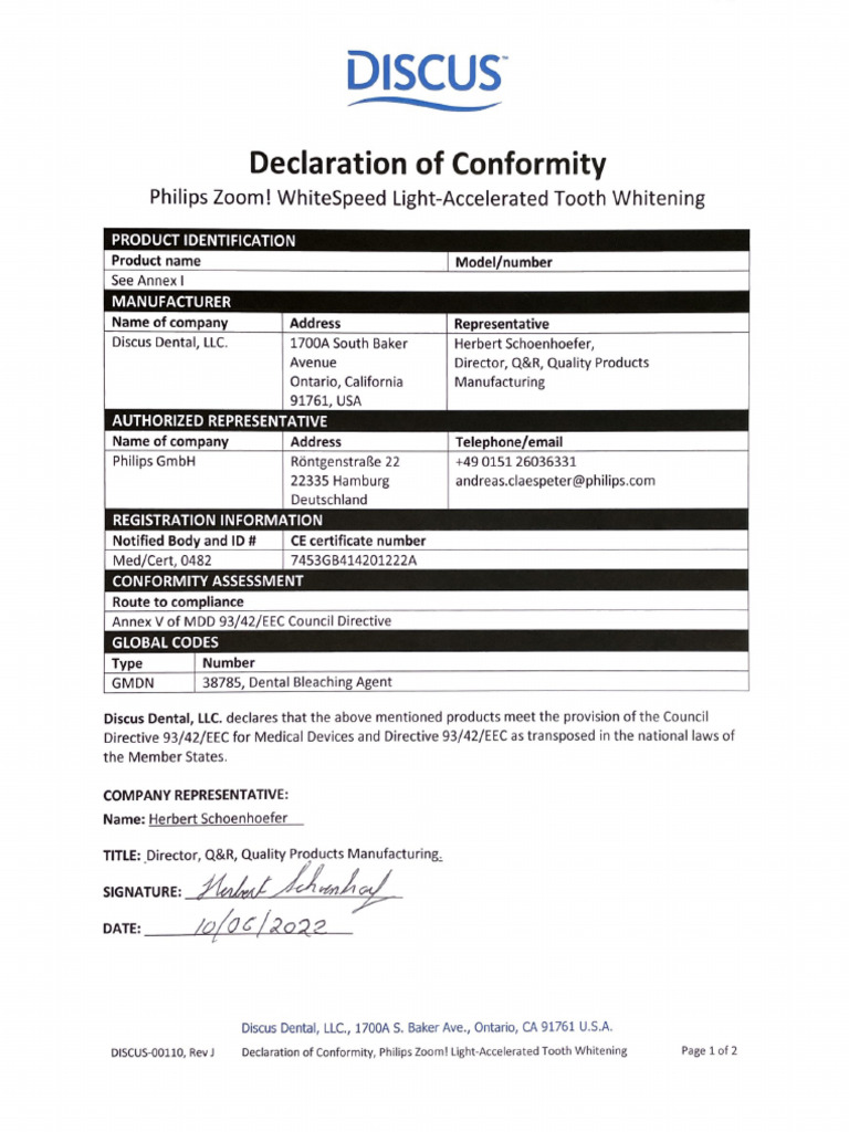 DISCUS00110K, DoC Zoom WhiteSpeed Light Accel Tooth Whitening, signed PDF