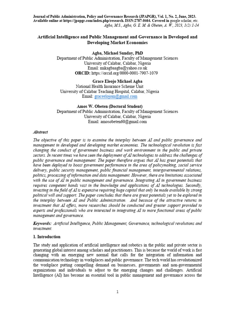 Artificial Intelligence and Public Management and Governance in ...