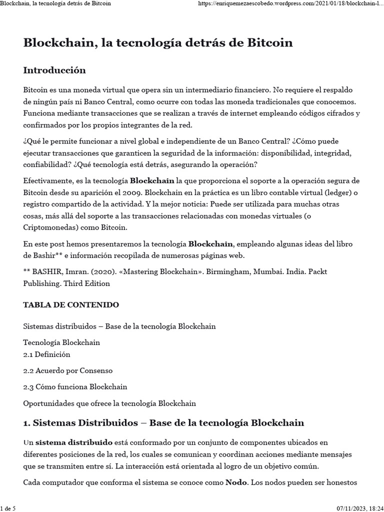 Tecnología Blockchain y Bitcoin | PDF | De igual a igual | Bitcoin