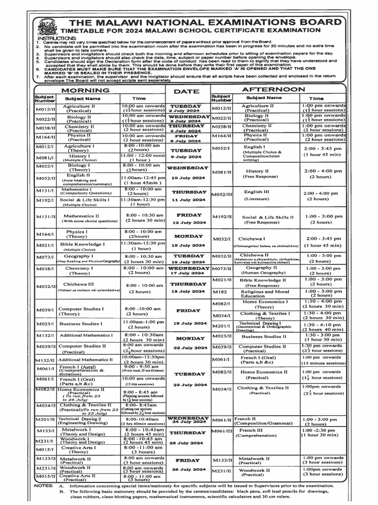 2024 MSCE Timetable PDF