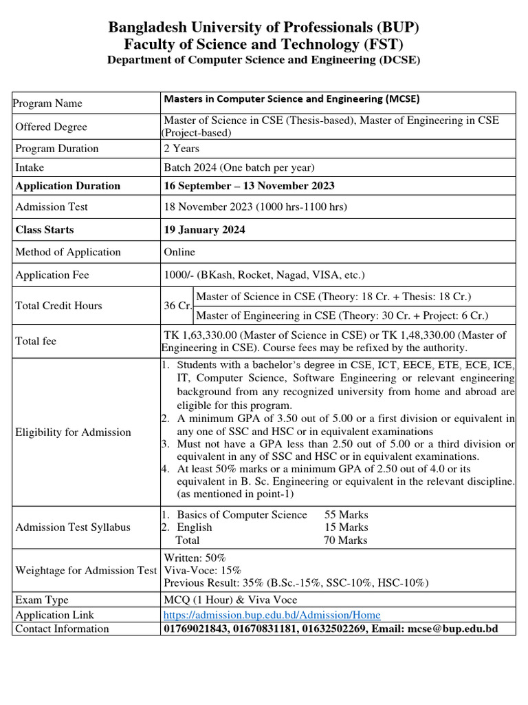 BUP MSc in CSE Admission Details 2024 | PDF | Master Of Science | Thesis