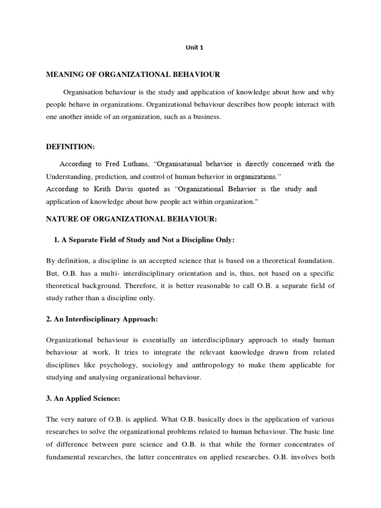 Organization Behaviour Unit 1 Pdf Organizational Behavior Sociology