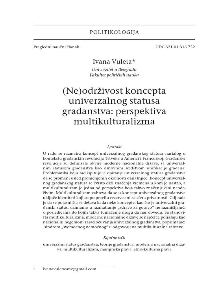 (Ne) Održivost Koncepta Univerzalnog Statusa Građanstva: Perspektiva ...