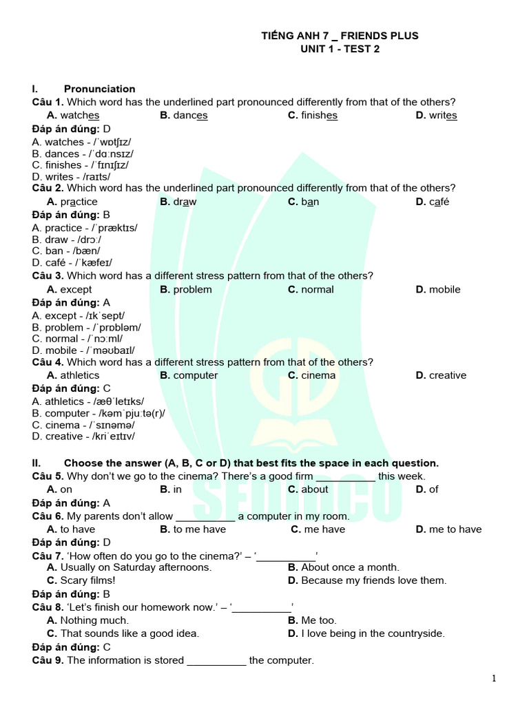 Tieng Anh 7 Friends Plus - Unit 1 - Test 2 (Key) | PDF