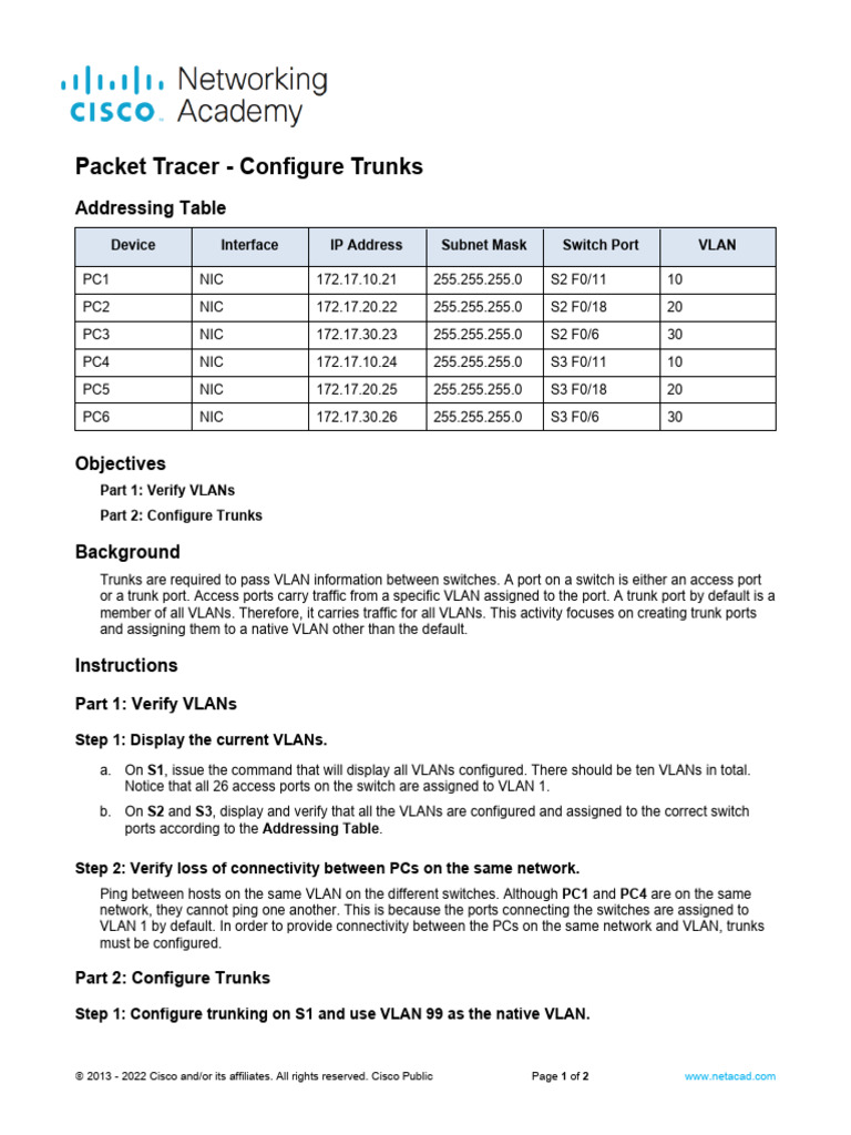 3.4.5 Packet Tracer - Configure Trunks | PDF