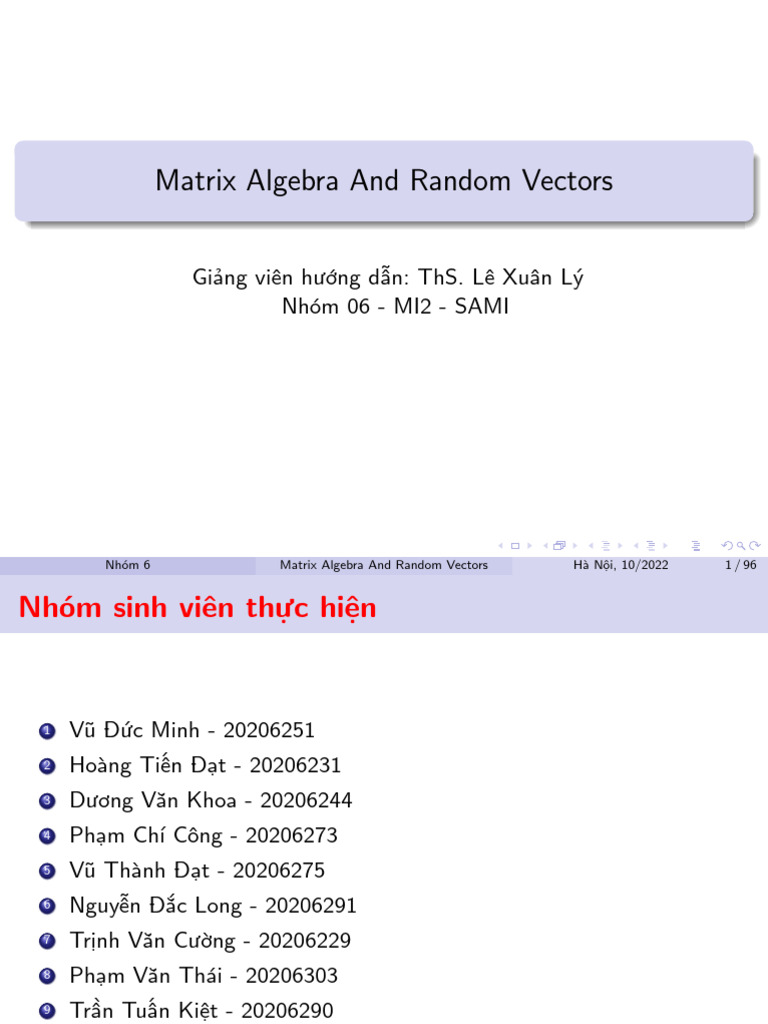 Matrix Algebra and Random Vectors - Nhom6 | PDF