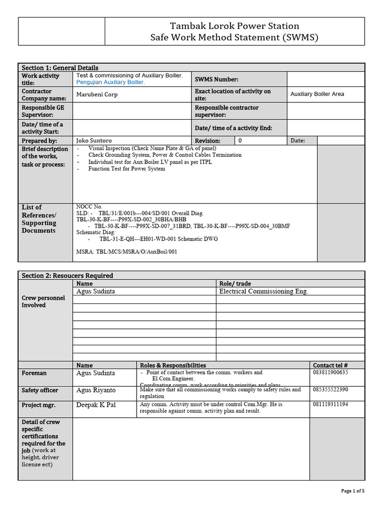 SWMS for Auxiliary Boiler Commissioning | PDF | Waste Management ...