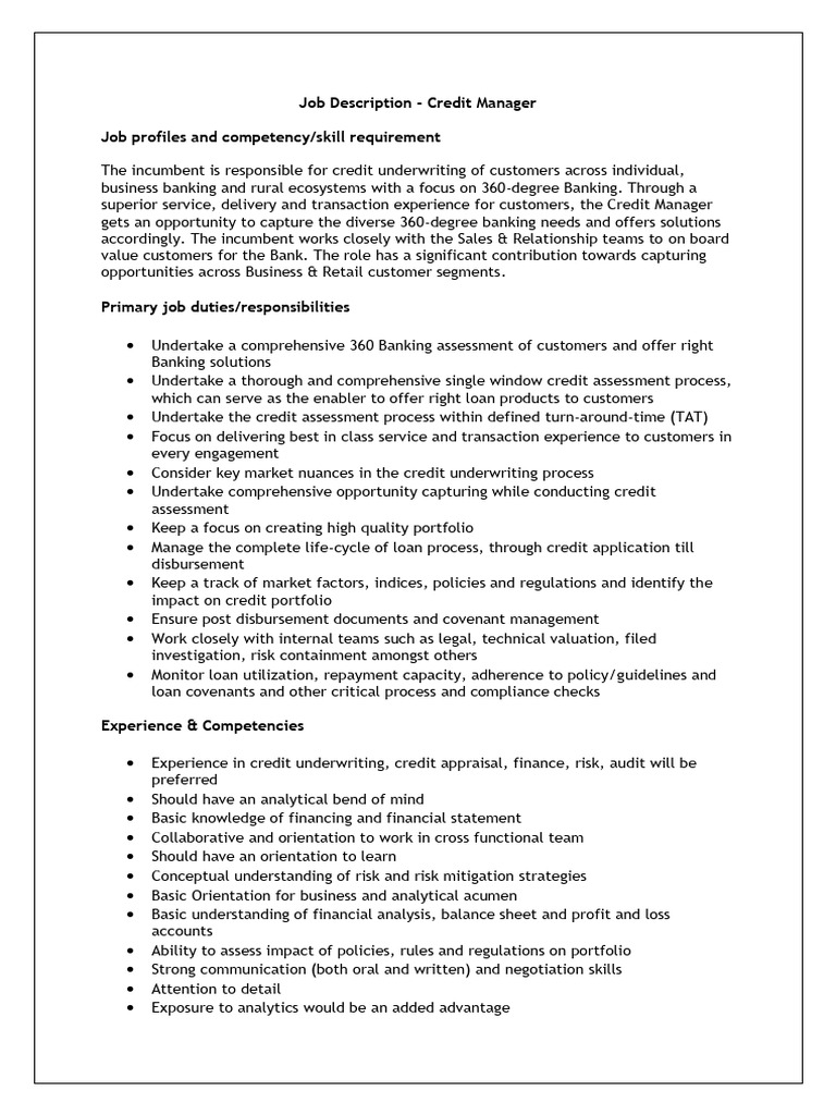 Credit Manager Job Description and Duties | PDF | Banks | Risk