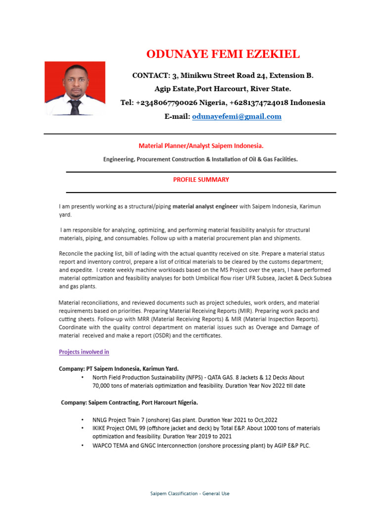 CV Odunaye Femi Ezekiel Material Planner Analyst Indo PDF Pipe (Fluid Conveyance