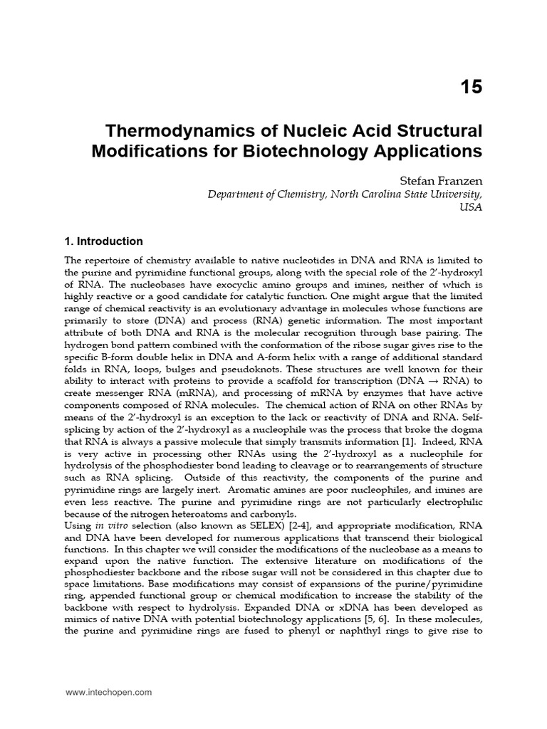 Intech thermodynamics of nucleic acid structural modifications for