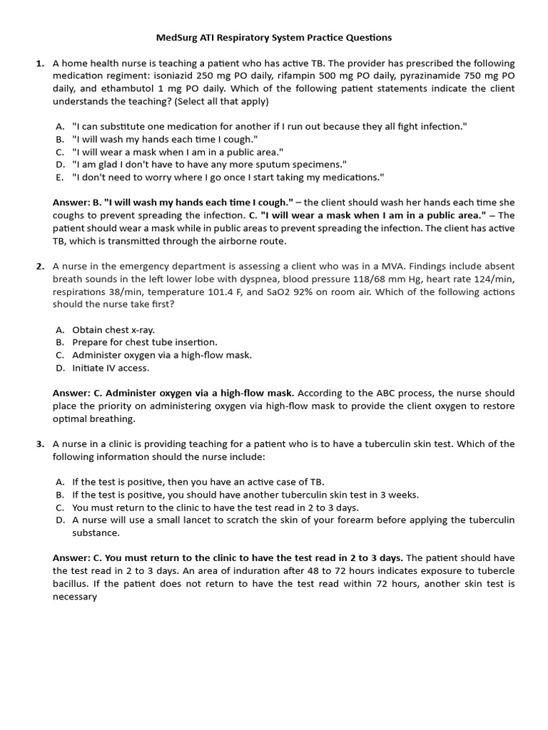 ATI MedSurg Respiratory System Practice Questions | PDF | Breathing ...