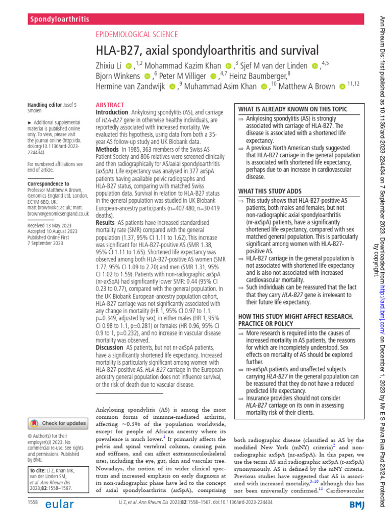 HLA - B27, Axial Spondyloarthritis and Survival | PDF | Diseases And ...