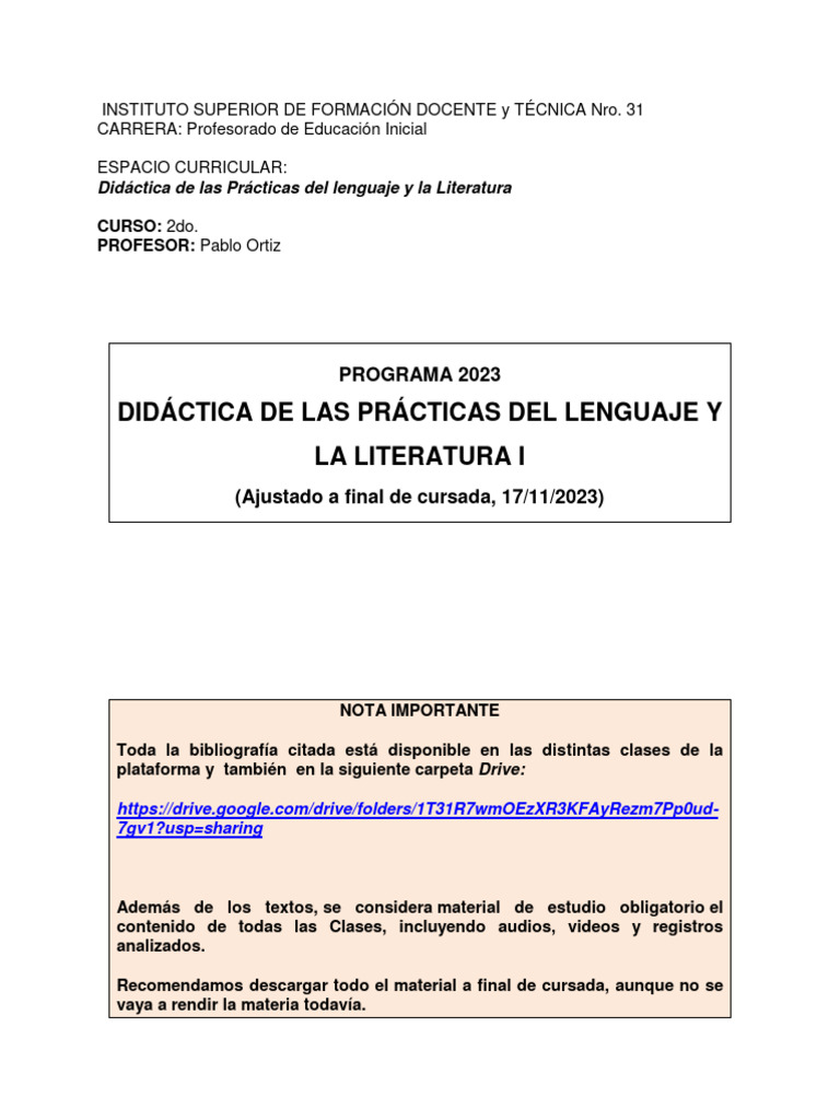 Didáctica del Lenguaje y Literatura 2023 | PDF | Enseñando | Plan de ...