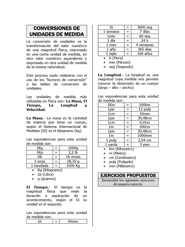 Tablas y Ejercicios de Conversión de Unidades | PDF | Libra (masa ...