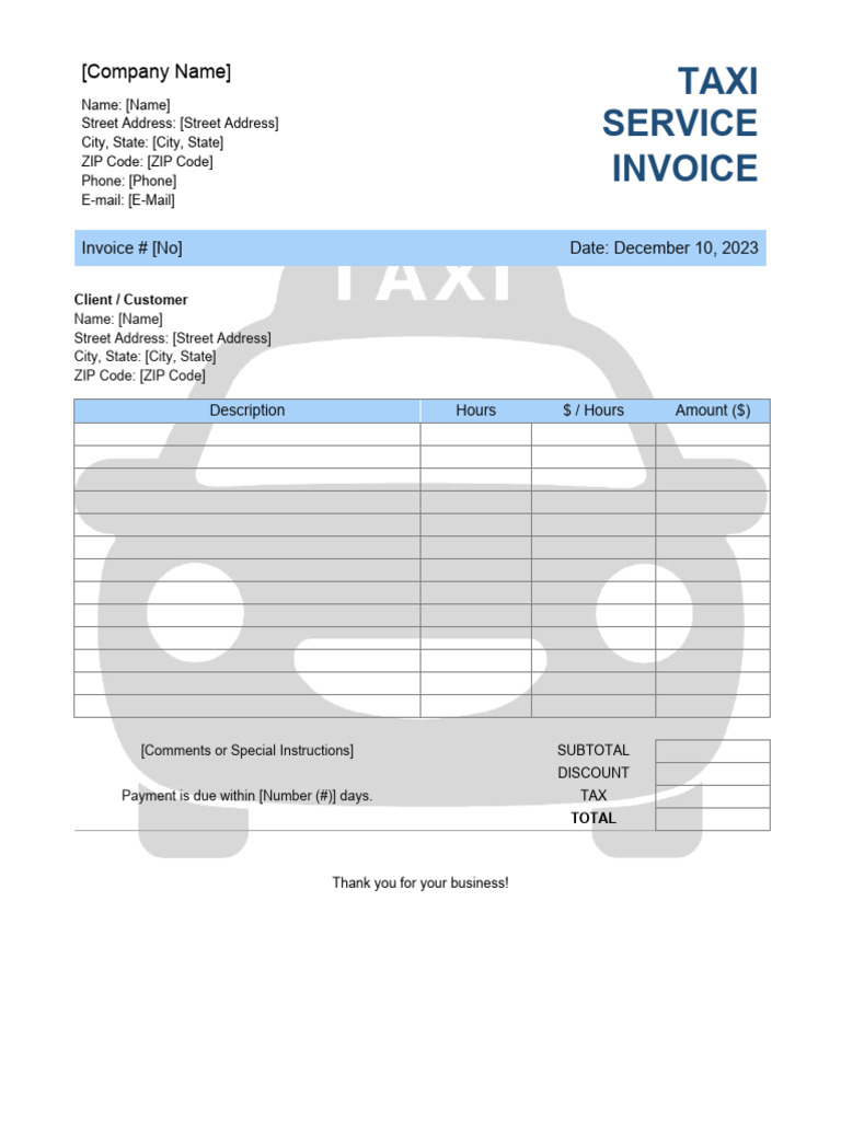 Taxi Service Invoice Template PDF