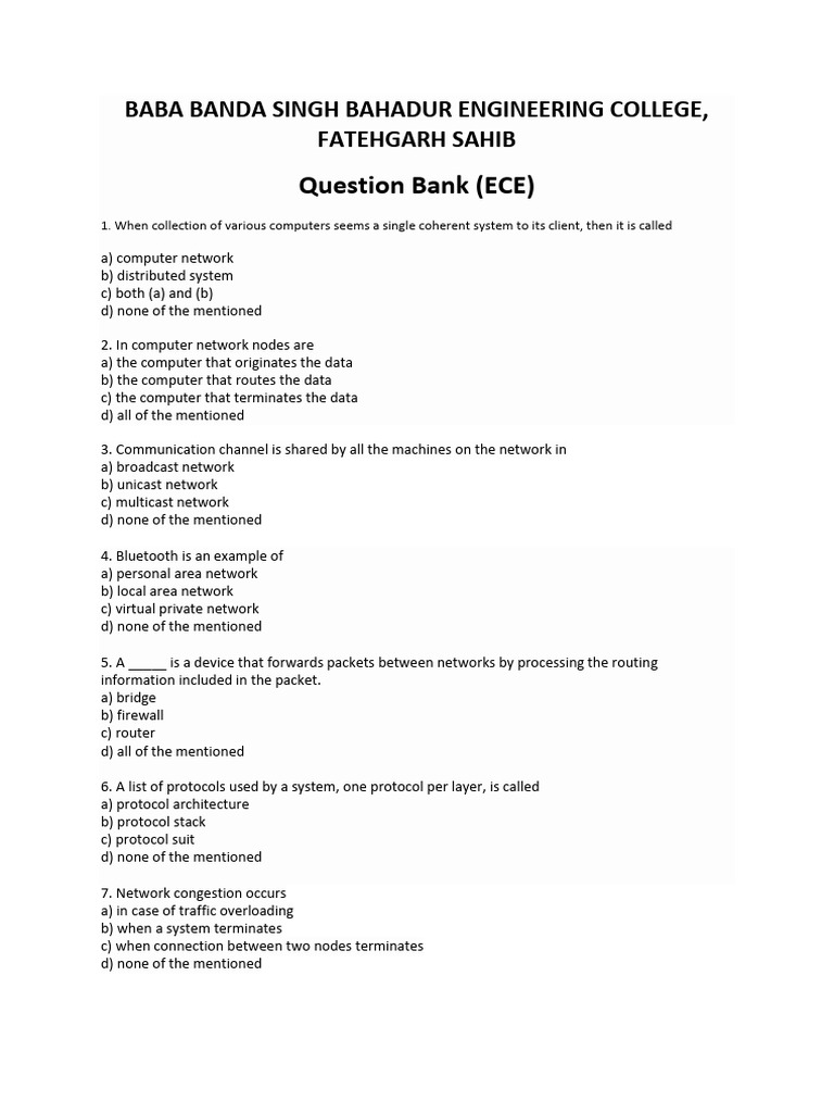 Question Bank Ece Pdf Computer Network Central Processing Unit