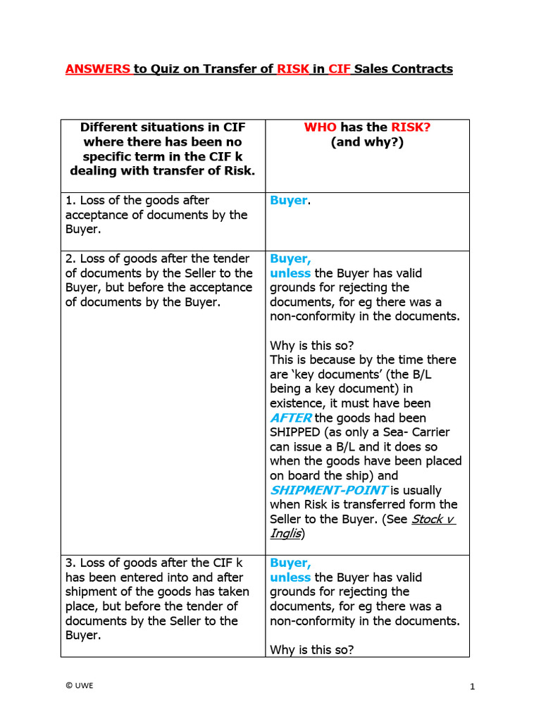 CIF Risk Transfer Scenarios Explained | PDF | Supply Chain Management ...