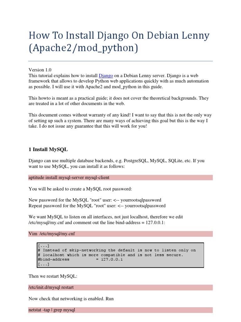 Install Django on Debian Lenny Guide | PDF | My Sql | Data Management