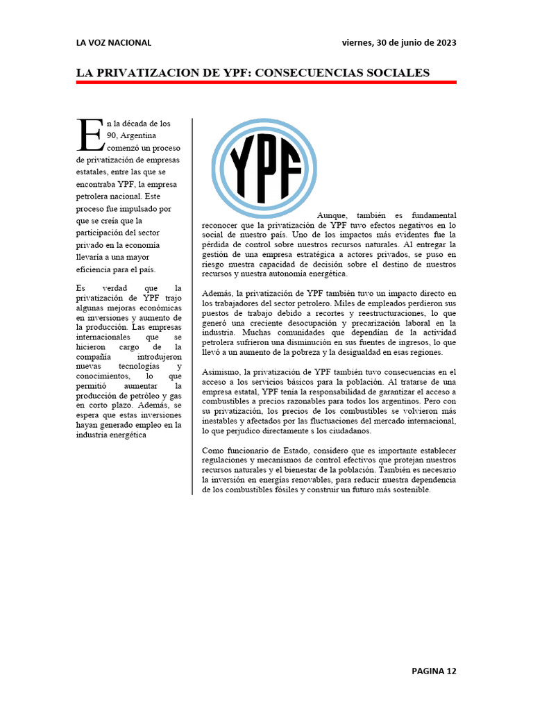 Consecuencias de la Privatización de YPF | PDF | Privatización | Business