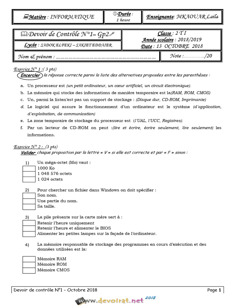 Devoir de contrôle informatique 2018 | PDF | Technologie et ingénierie