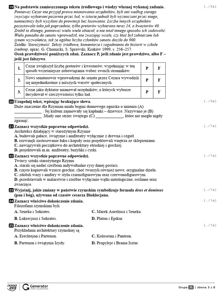 Sprawdzian Z Biblii 1 Liceum "Starożytny Rzym" Sprawdzian | PDF