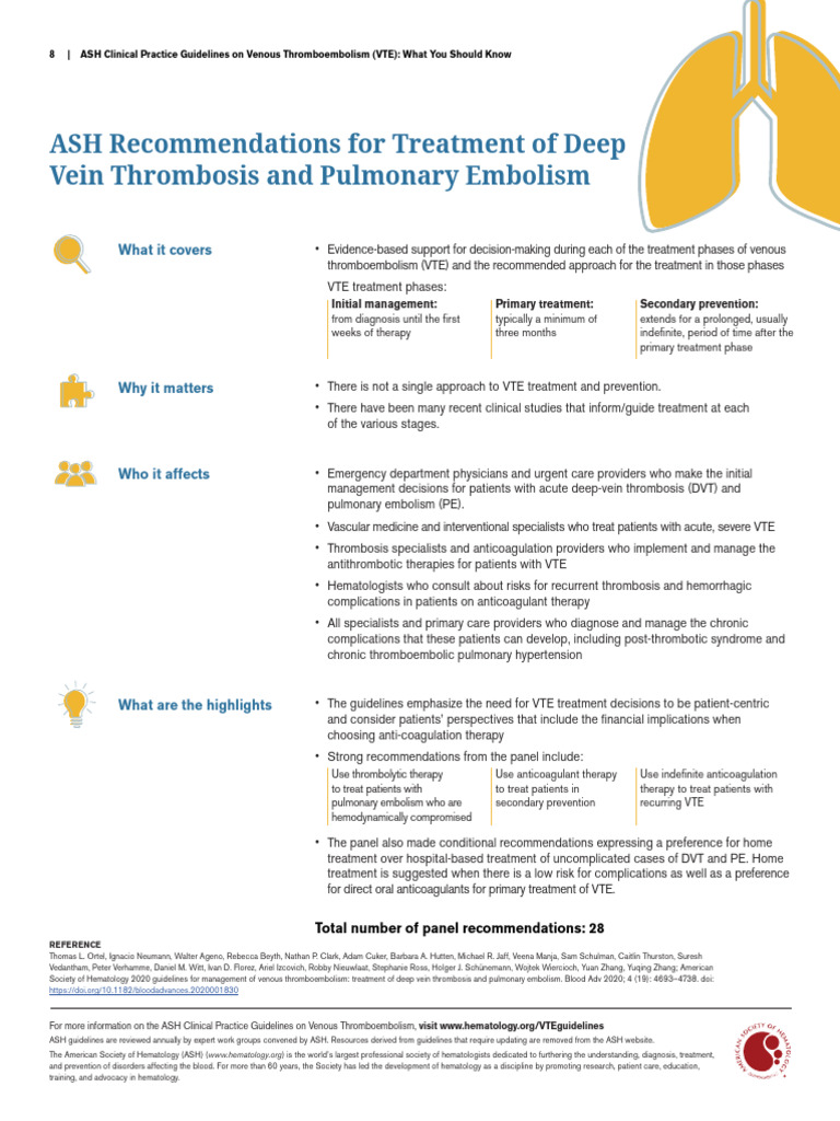 ASH VTE Guidelines Snapshot 1PGR VTE PE PDF Thrombosis