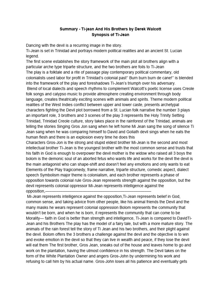 Summary TiJean and His Brothers and Derek Walcott PDF