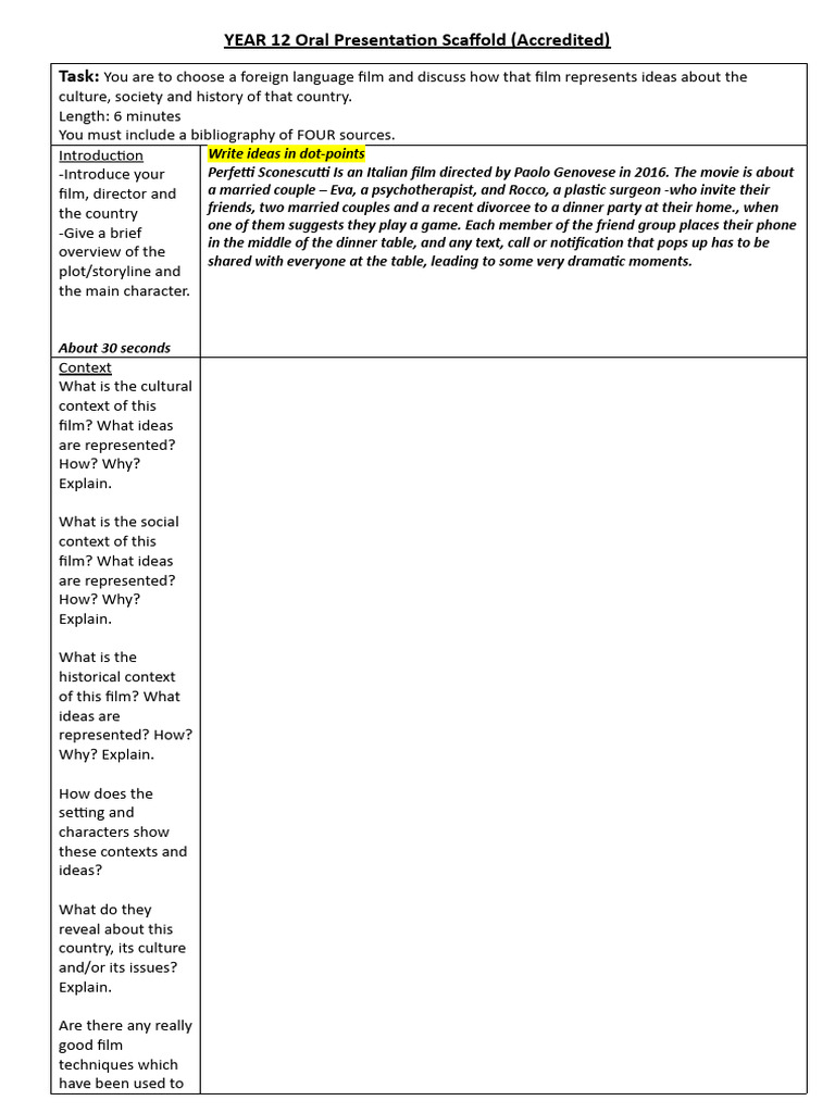 YEAR 12 Oral Presentation Scaffold A | PDF