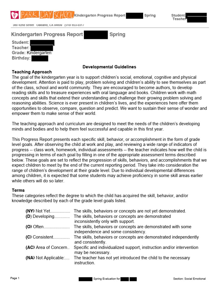 Sample Kindergarten Progress Report PDF Rhythm Teachers