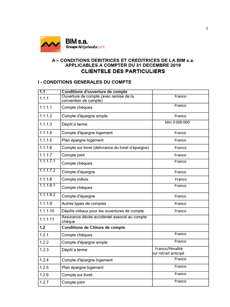 Conditions de comptes BIM s.a. 2019 | PDF | Banques | Chèque