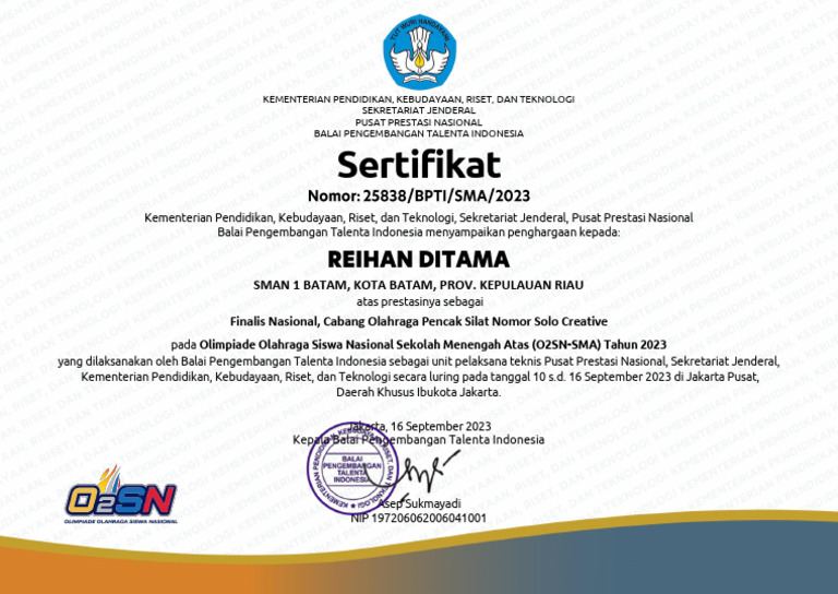 Penghargaan SMAN 1 Batam di O2SN 2023 | PDF