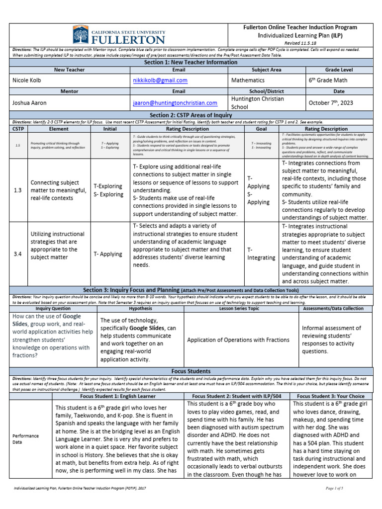 Individualized Learning Plan for Teachers | PDF
