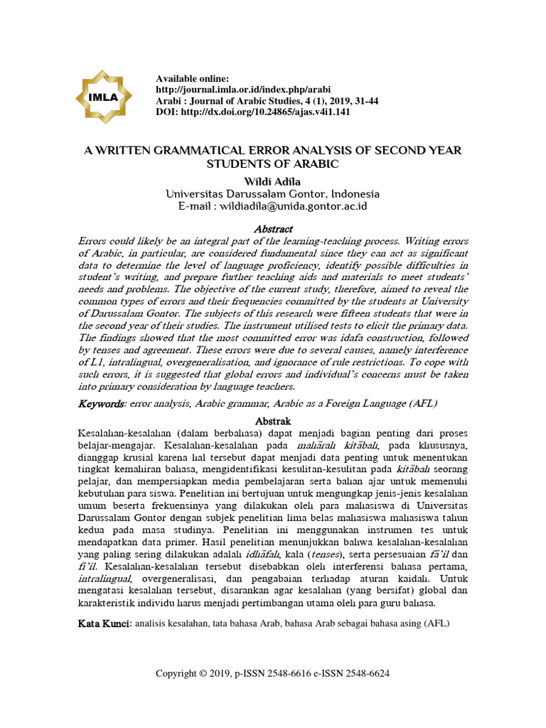a-written-grammatical-error-analysis-of-second-year-students-of-arabic