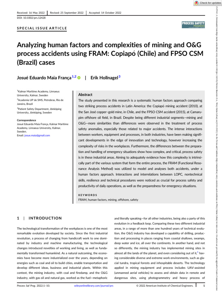 Process Safety Progress - 2022 - FRAM - Analyzing Human Factors and ...