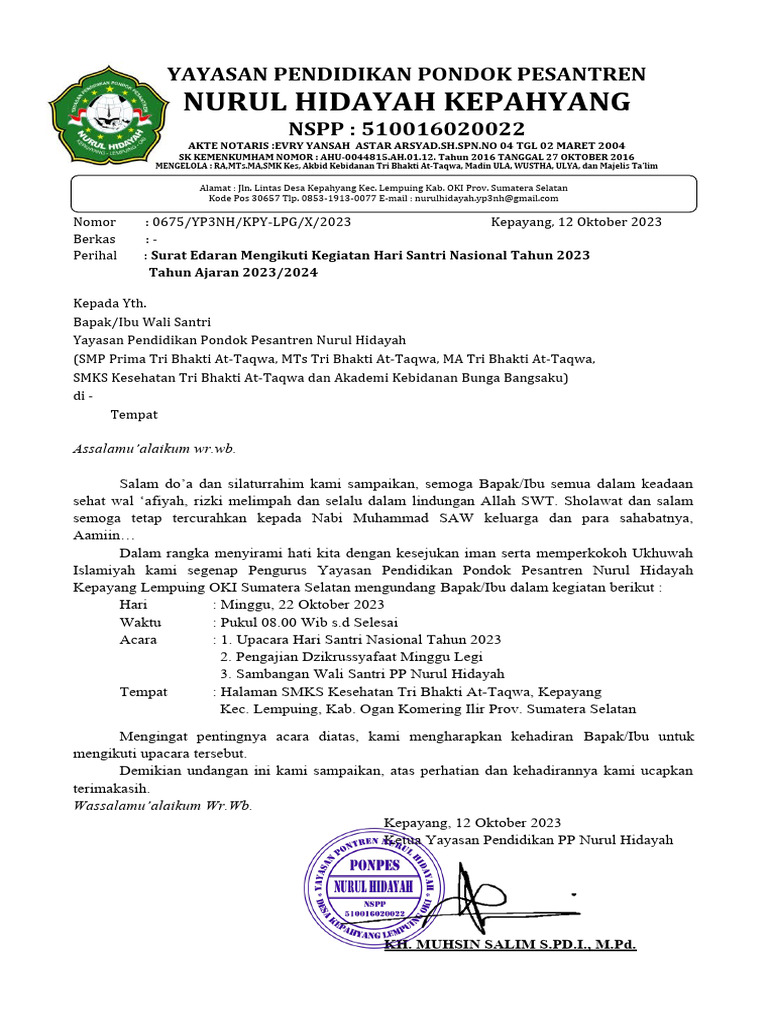 Undangan Wali Santri - Upacara HSN 2023 | PDF