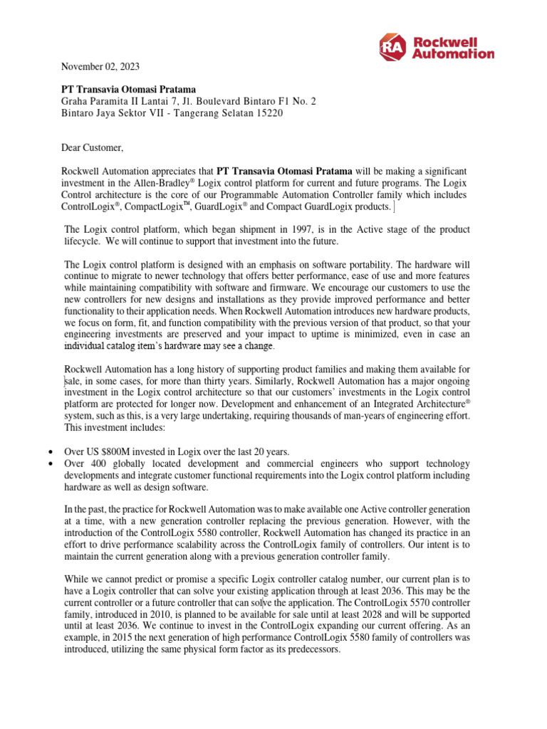 ControlLogix 5570 Controller Longevity Letter TOP | PDF | Technology ...