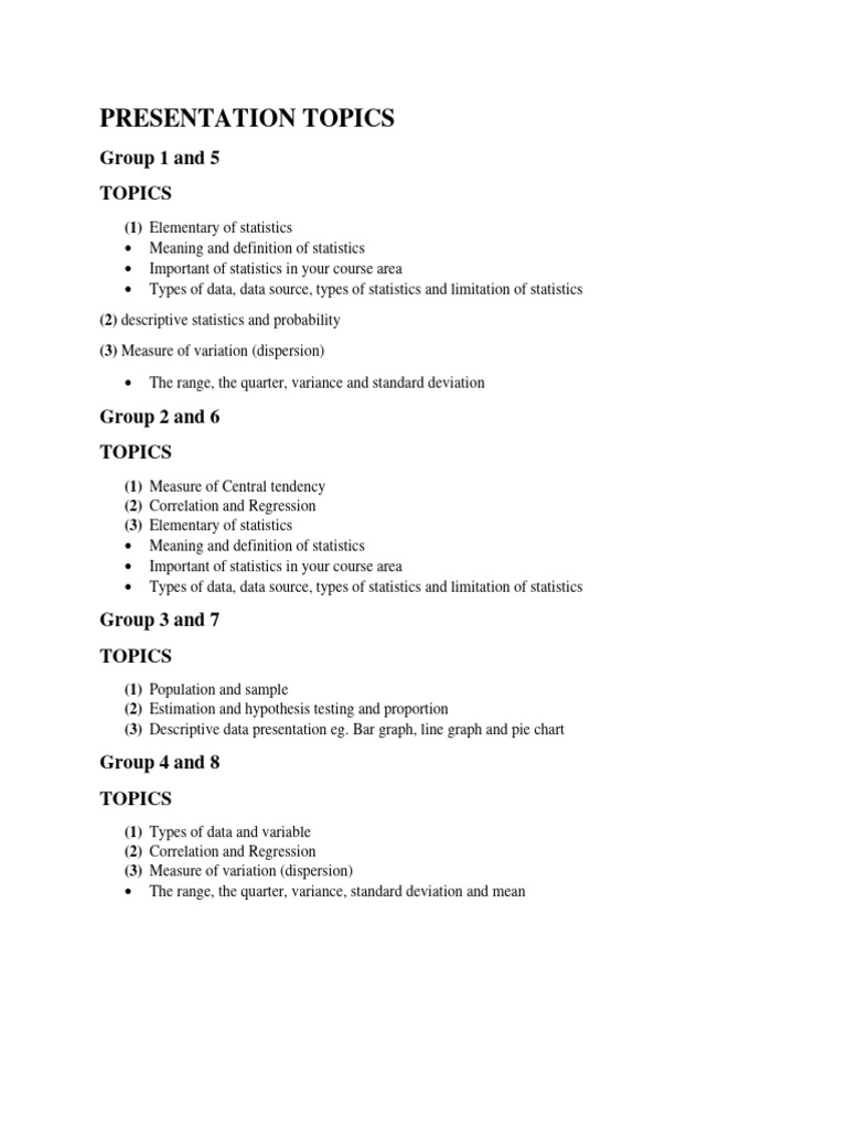 Presentation Topics for Statistics 2024 PDF