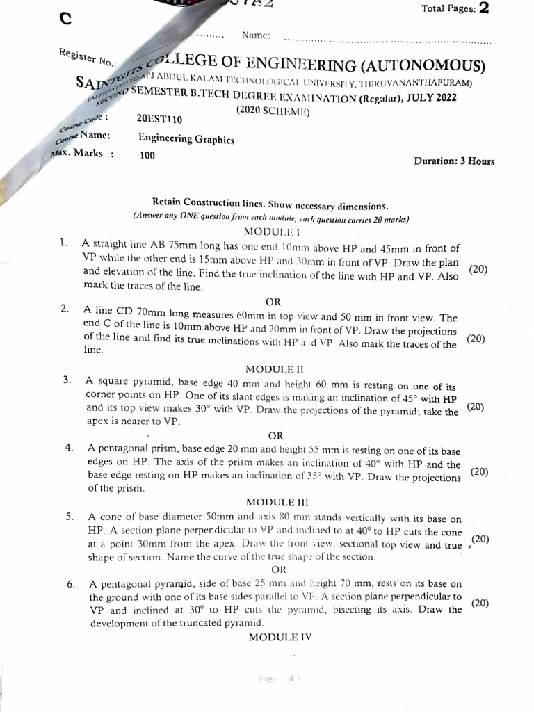 Engineering Graphics Exam Paper 2022 | PDF | Geometry | Euclidean Geometry