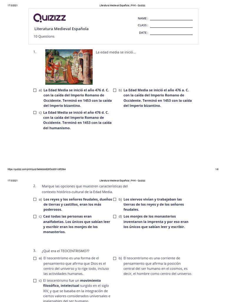 Literatura Medieval Española Print Quizizz PDF Edades medias